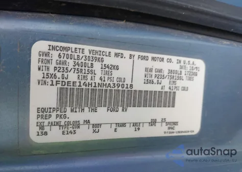 1992 Ford Econoline E150 Van z USA, uszkodzony, nr VIN 1FDEE14H1NHA39018